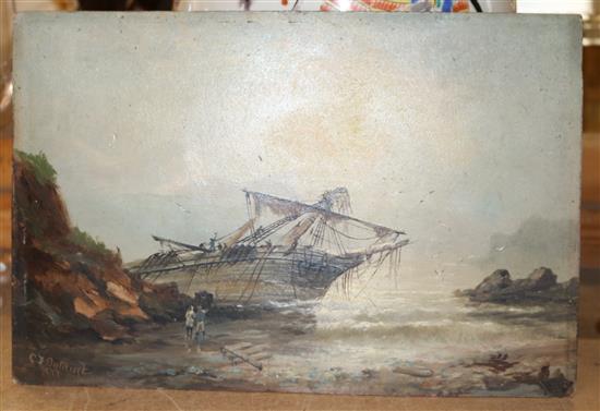 An oil on board of a shipwreck by C F Butterick 1877